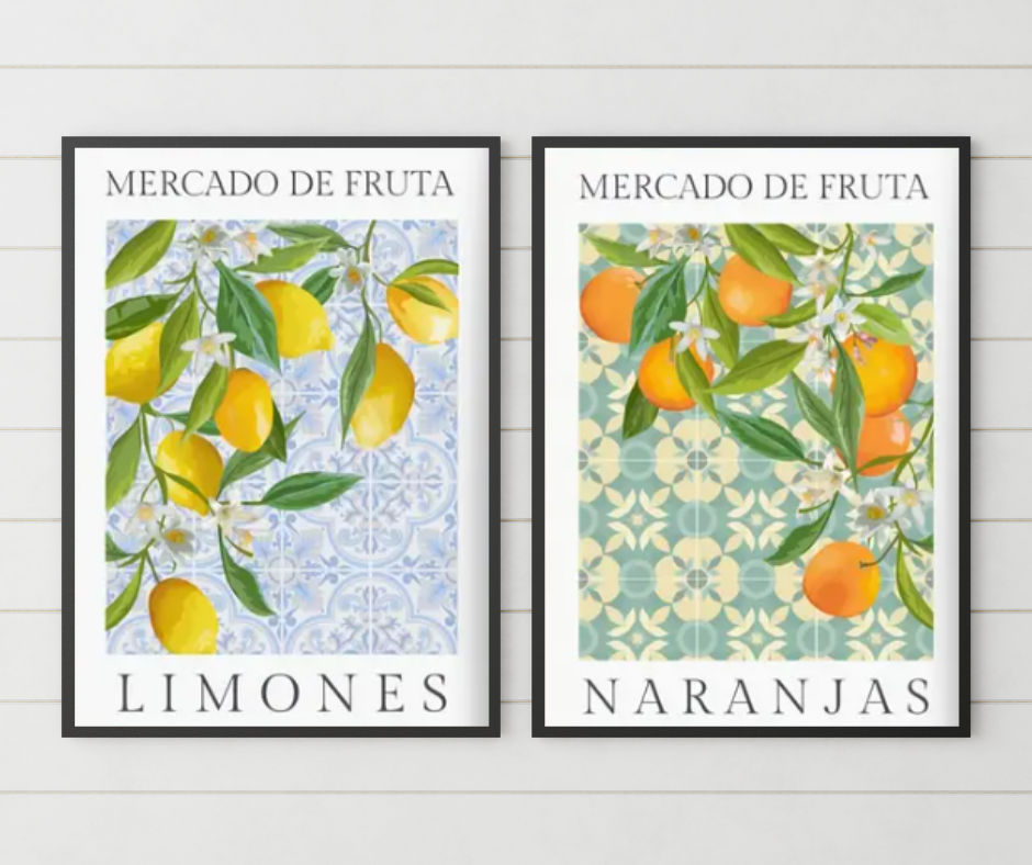 Mediterranean citrus high quality UV protected framed canvas print | Blue, white, yellow, orange, green | Set of 2 | 30 cm x 40 cm