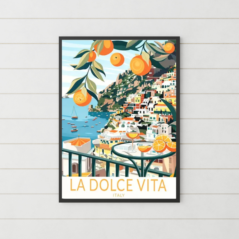 Mediterranean feast the sweet life high quality framed canvas print | Orange, white, olive | 30 cm x 40 cm