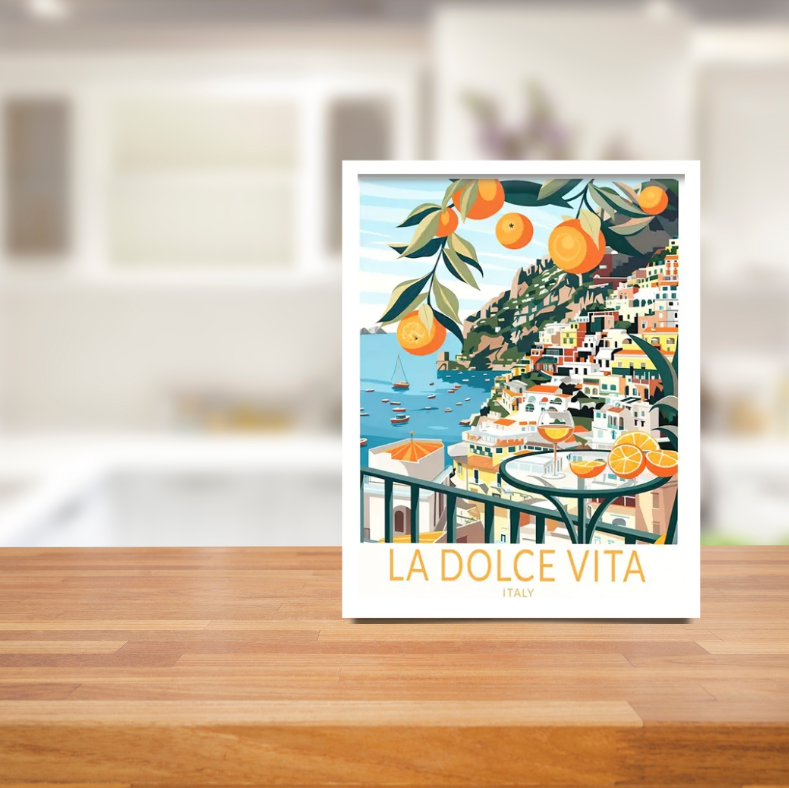 Mediterranean feast the sweet life high quality framed canvas print | Orange, white, olive | 30 cm x 40 cm