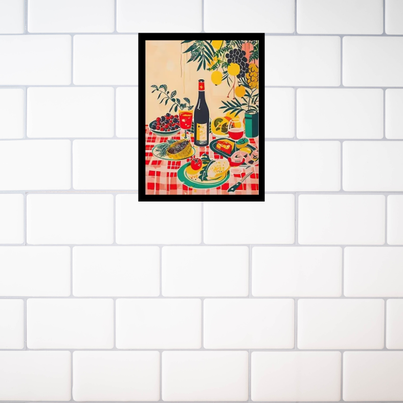 Mediterranean feast with tablecloth | High quality UV protected framed canvas print | Red, green, cream | 30 cm x 40 cm