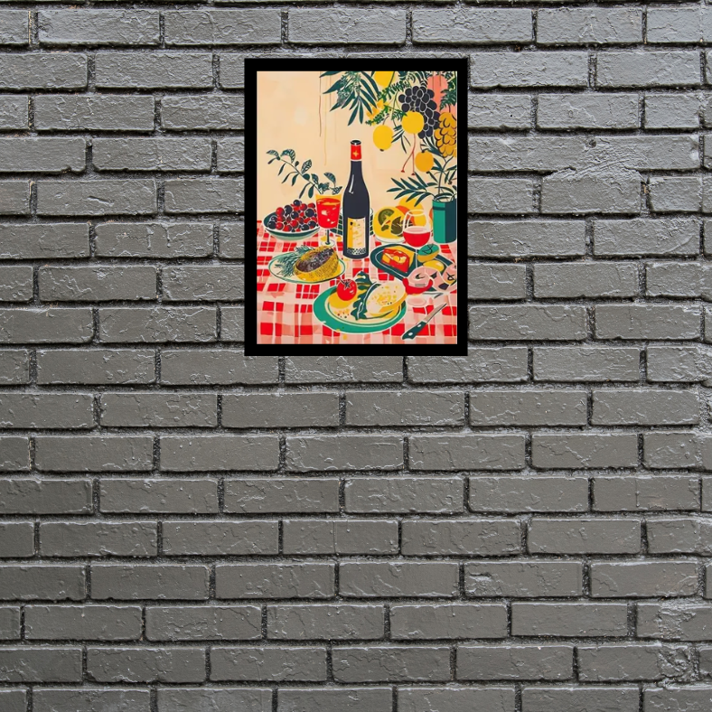 Mediterranean feast with tablecloth | High quality UV protected framed canvas print | Red, green, cream | 30 cm x 40 cm