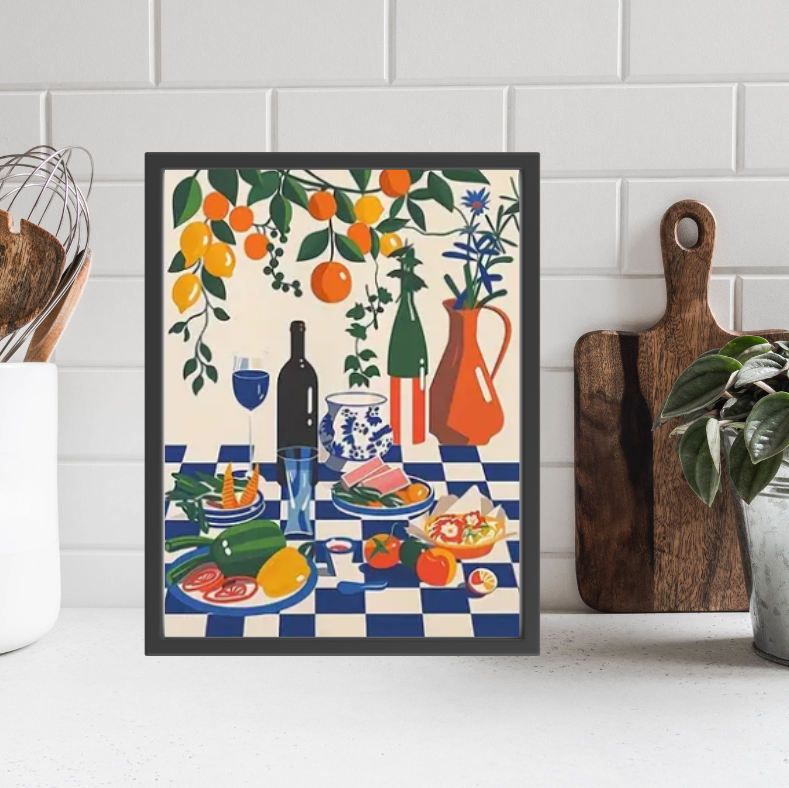 Mediterranean feast with tablecloth | High quality UV protected framed canvas print | Blue, white, red | 30 cm x 40 cm