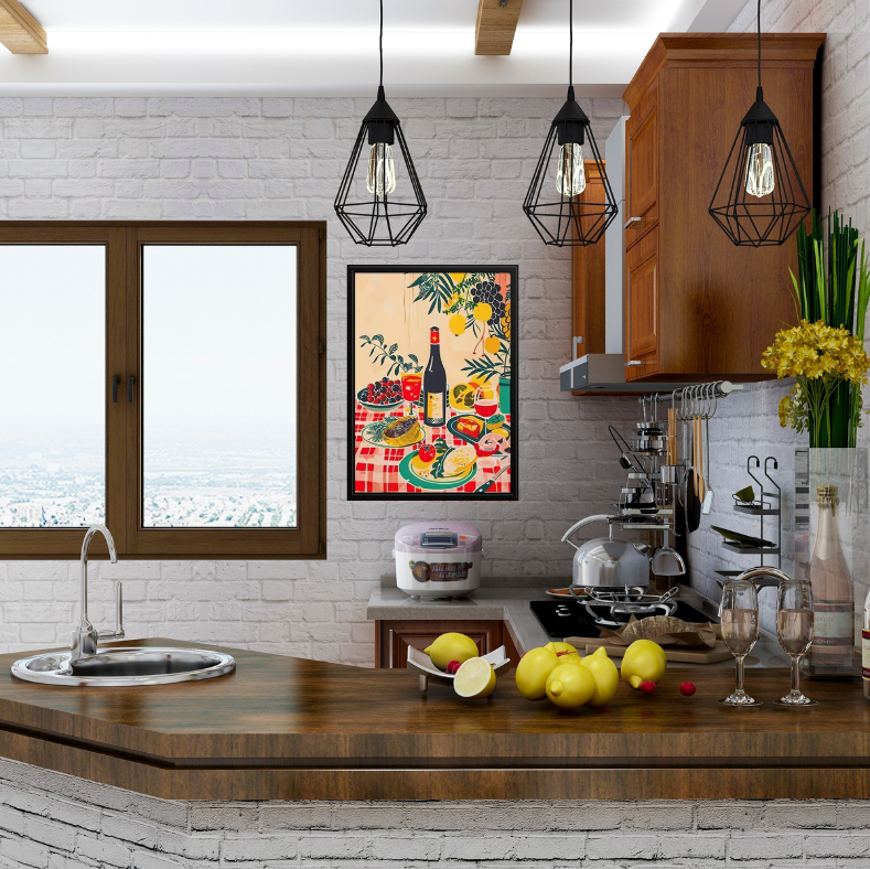 Mediterranean feast with tablecloth | High quality UV protected framed canvas print | Red, green, cream | 30 cm x 40 cm