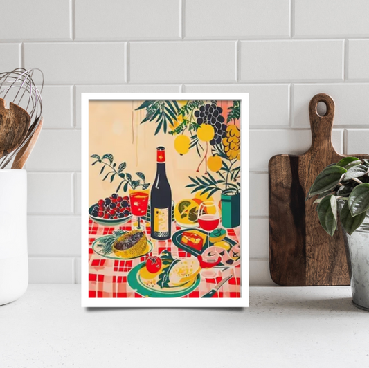Mediterranean feast with tablecloth | High quality UV protected framed canvas print | Red, green, cream | 30 cm x 40 cm