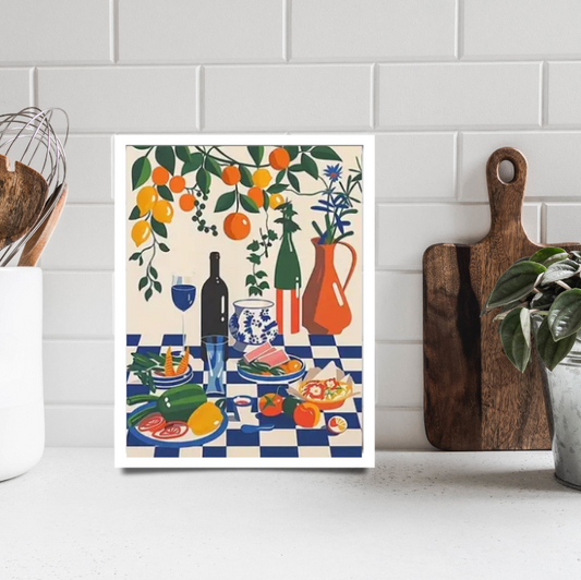 Mediterranean feast with tablecloth | High quality UV protected framed canvas print | Blue, white, red | 30 cm x 40 cm