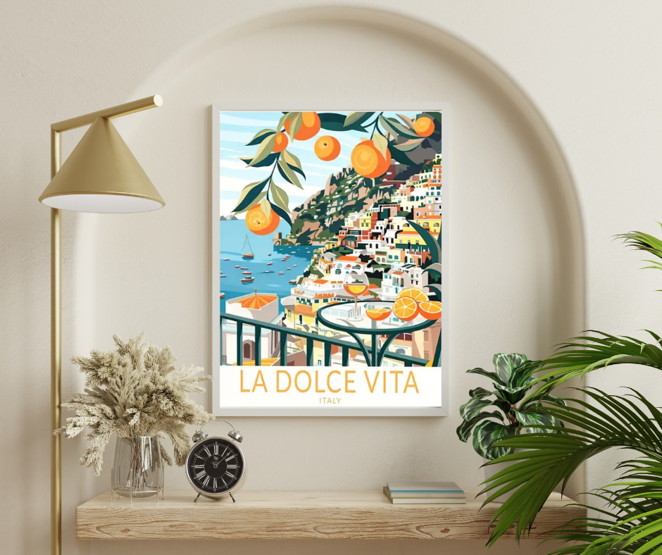 Mediterranean feast the sweet life high quality framed canvas print | Orange, white, olive | 30 cm x 40 cm