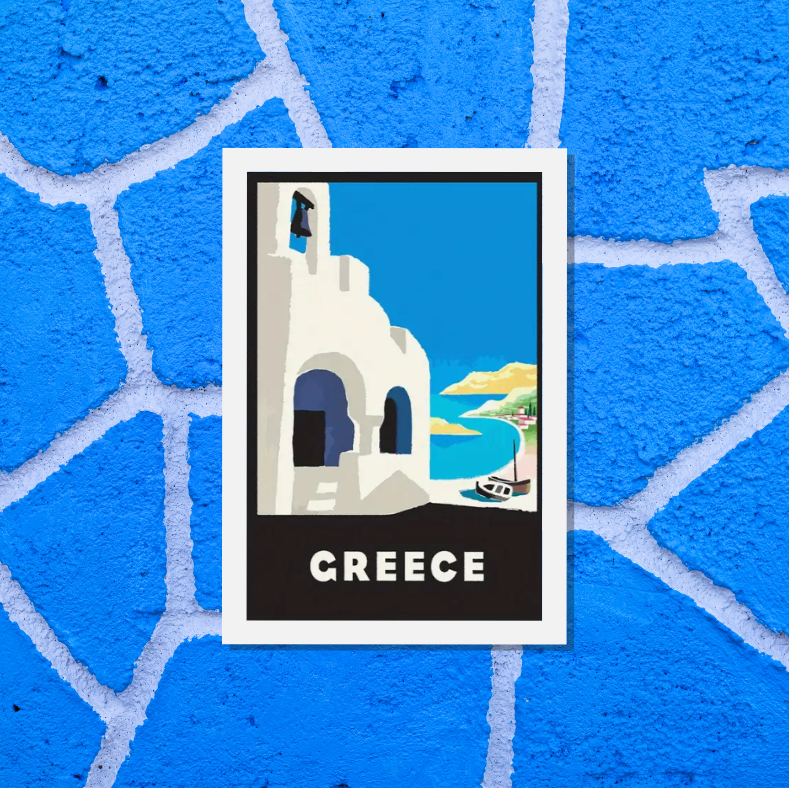 Mediterranean feast Greece vintage poster high quality framed canvas print | Blue, white, black | 30 cm x 40 cm