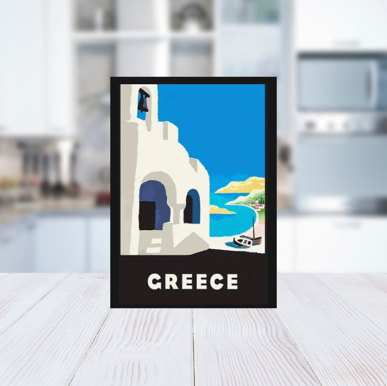 Mediterranean feast Greece vintage poster high quality framed canvas print | Blue, white, black | 30 cm x 40 cm