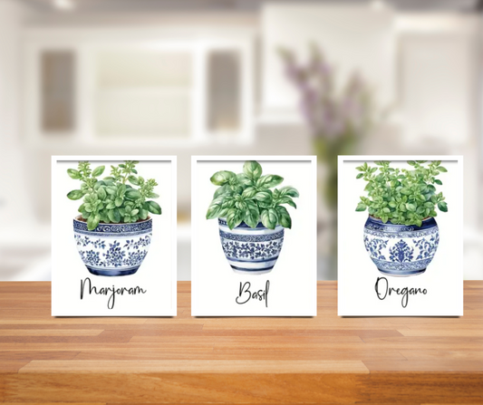 Mediterranean feast fresh herbs high quality framed canvas prints | Green, blue, white | Set of 3 | 20 cm x 30 cm