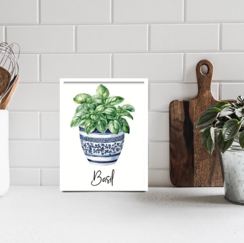 Mediterranean feast fresh herbs high quality framed canvas prints | Green, blue, white | Set of 3 | 30 cm x 40 cm