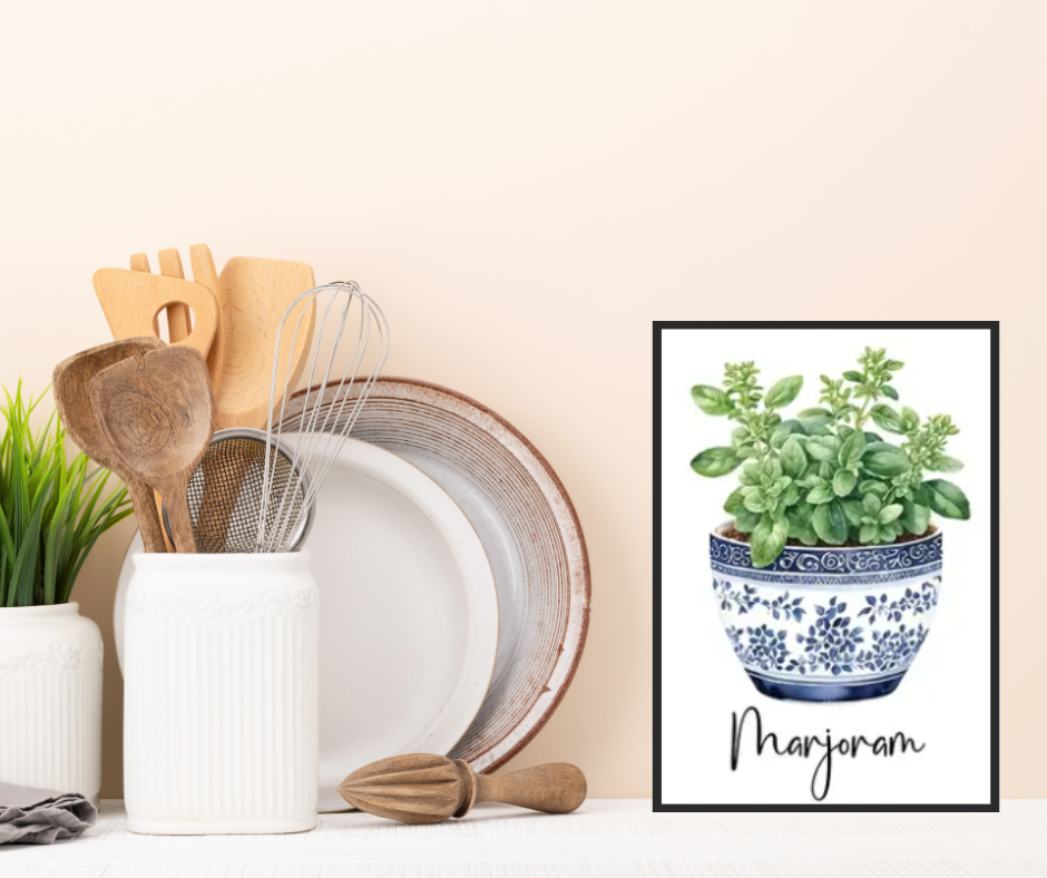 Mediterranean feast fresh herbs high quality framed canvas prints | Green, blue, white | Set of 3 | 30 cm x 40 cm