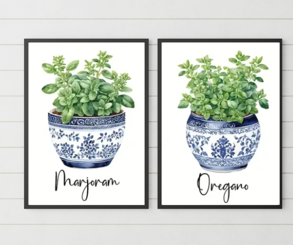 Mediterranean feast fresh herbs high quality framed canvas prints | Green, blue, white | Set of 3 | 30 cm x 40 cm