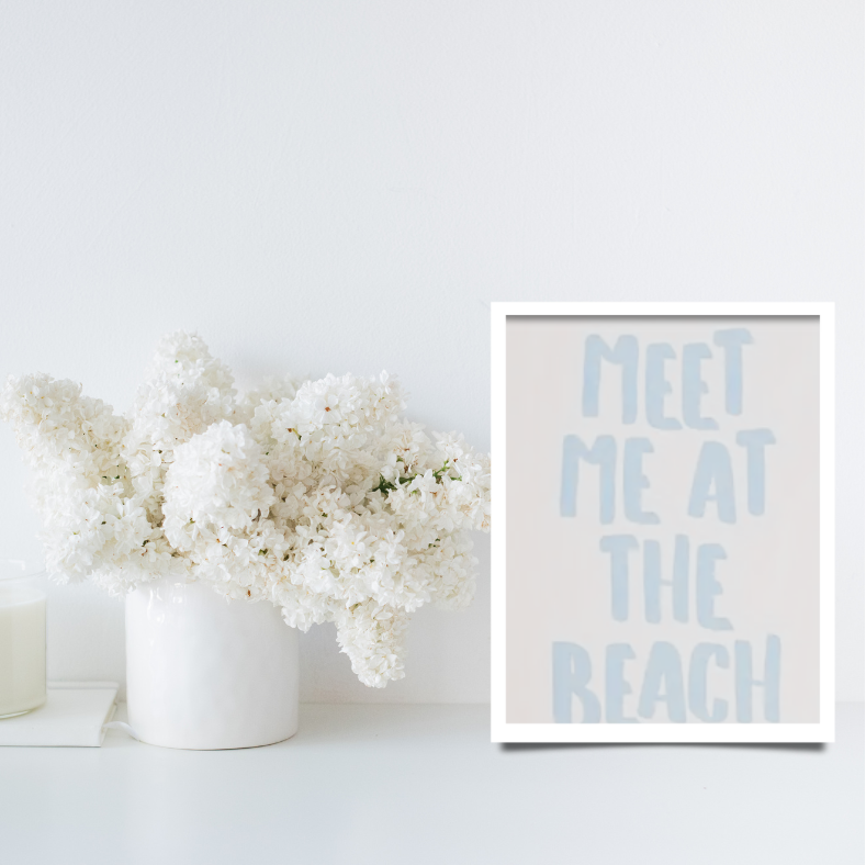 Meet me at the beach high quality framed canvas print | Light blue, white  | 30 cm x 40 cm