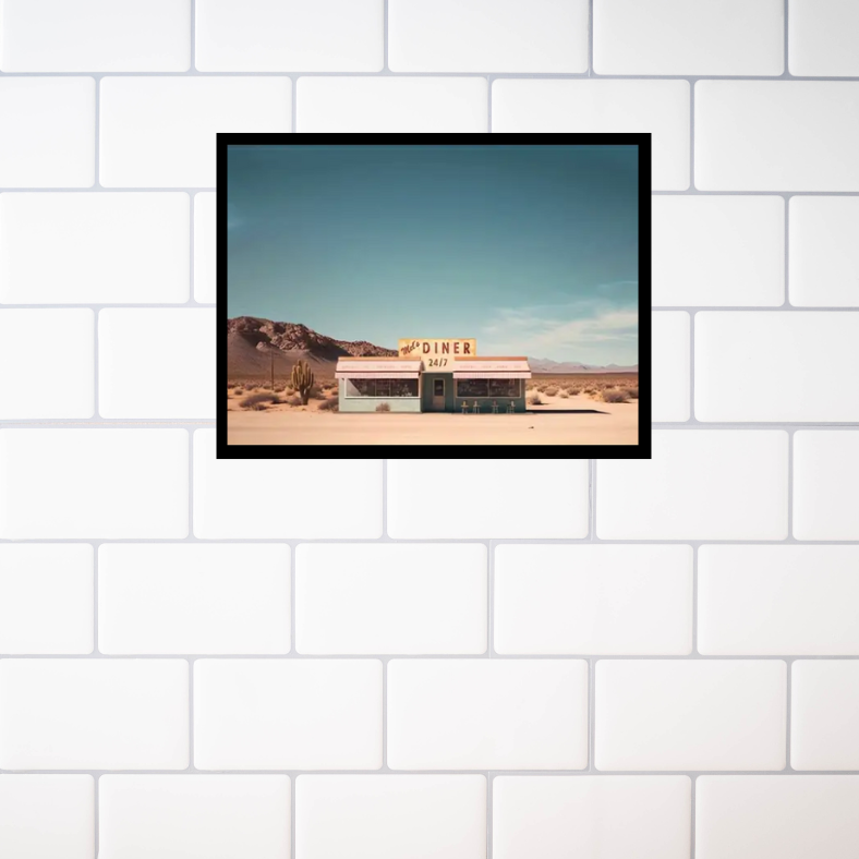 Mel's diner desert scene high quality UV protected framed canvas print | Blue, beige, brown | 30 cm x 40 cm