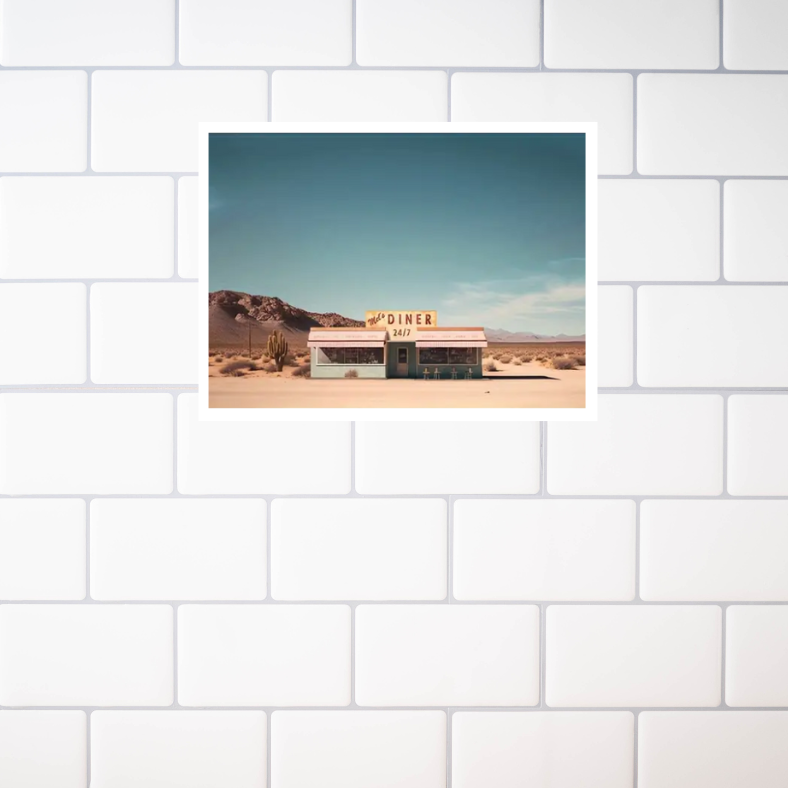 Mel's diner desert scene high quality UV protected framed canvas print | Blue, beige, brown | 30 cm x 40 cm