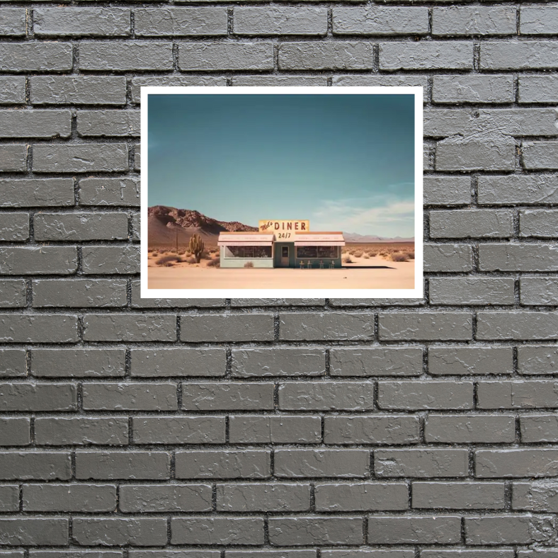 Mel's diner desert scene high quality UV protected framed canvas print | Blue, beige, brown | 30 cm x 40 cm