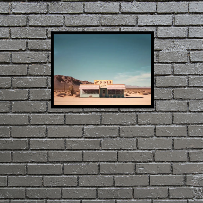 Mel's diner desert scene high quality UV protected framed canvas print | Blue, beige, brown | 30 cm x 40 cm