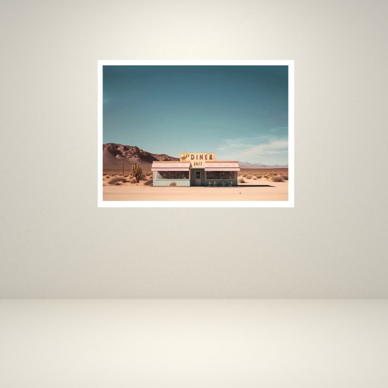 Mel's diner desert scene high quality UV protected framed canvas print | Blue, beige, brown | 30 cm x 40 cm