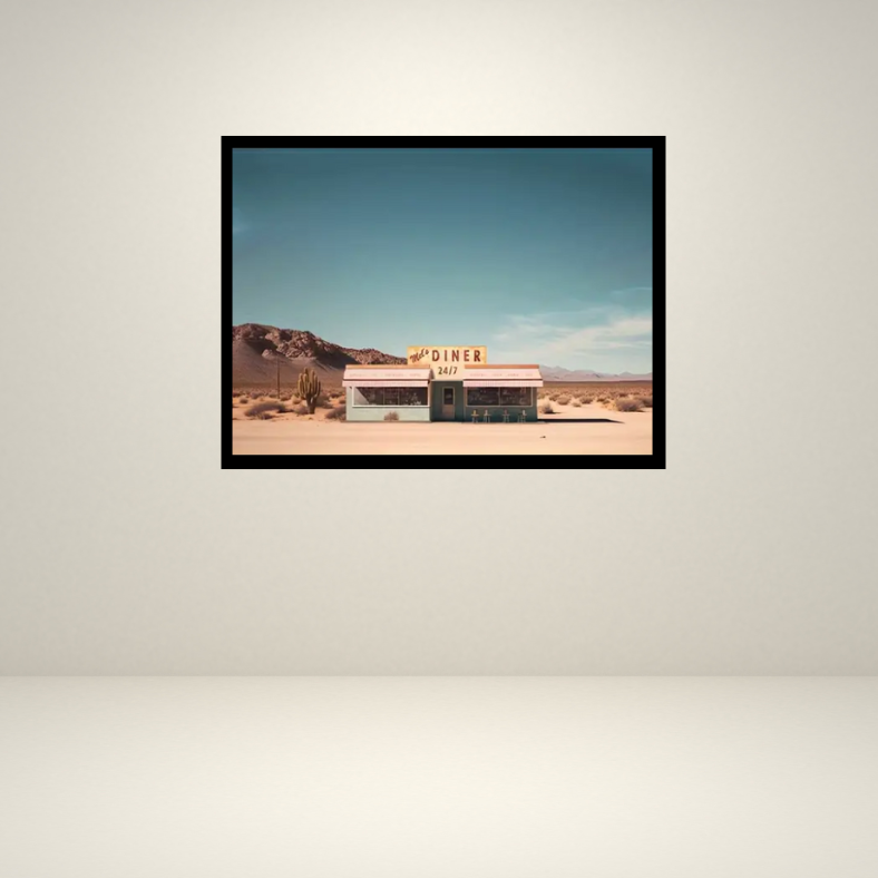 Mel's diner desert scene high quality UV protected framed canvas print | Blue, beige, brown | 30 cm x 40 cm