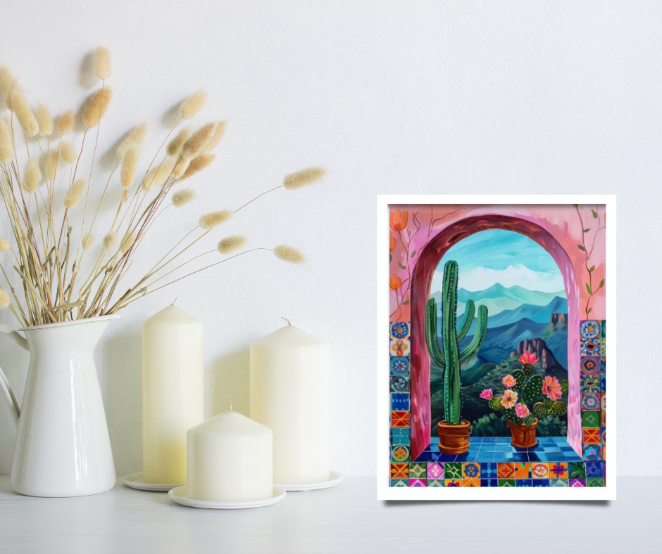 Mexicali arched window framed canvas print | Pink, blue, mauve, green | 30 cm x 40 cm