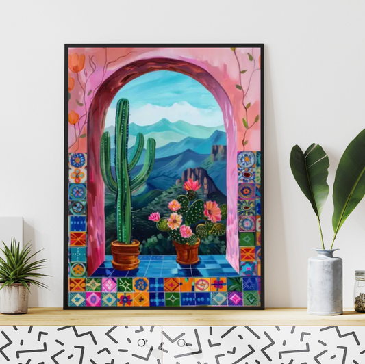Mexicali arched window framed canvas print | Pink, blue, mauve, green | 30 cm x 40 cm