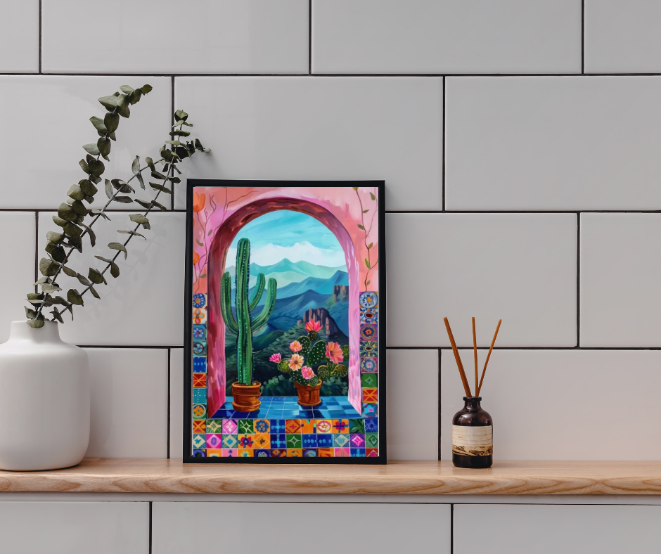 Mexicali arched window framed canvas print | Pink, blue, mauve, green | 30 cm x 40 cm