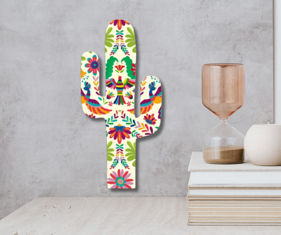 Vibrant Mexican-themed laser-cut cactus timber wall hangings
