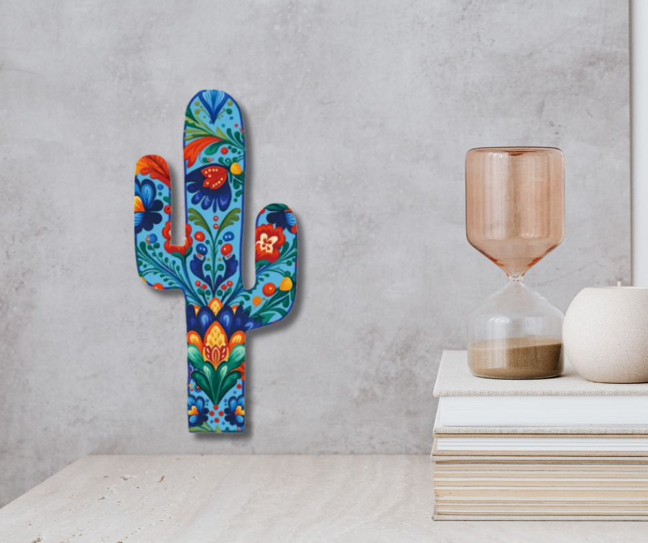 Vibrant Mexican-themed laser-cut cactus timber wall hangings