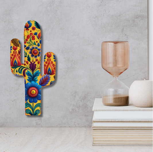 Vibrant Mexican-themed laser-cut cactus timber wall hangings