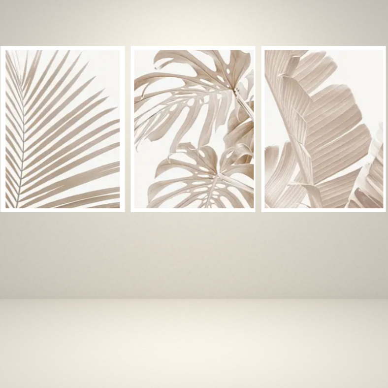 Minimalist palms with Monstera | High quality UV protected framed canvas prints | Beige, white | Set of 3 | 30 cm x 40 cm