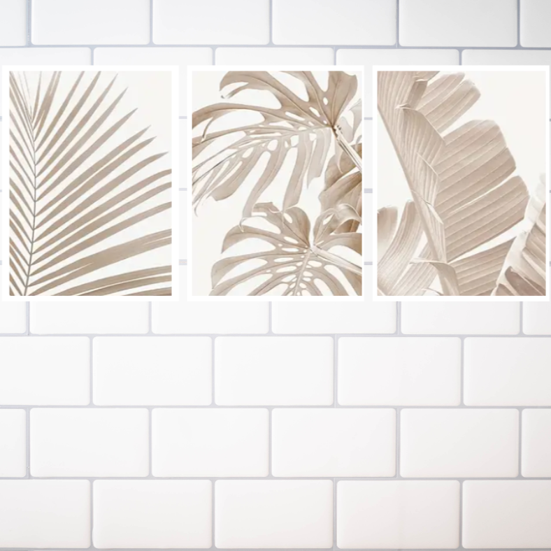 Minimalist palms with Monstera | High quality UV protected framed canvas prints | Beige, white | Set of 3 | 30 cm x 40 cm