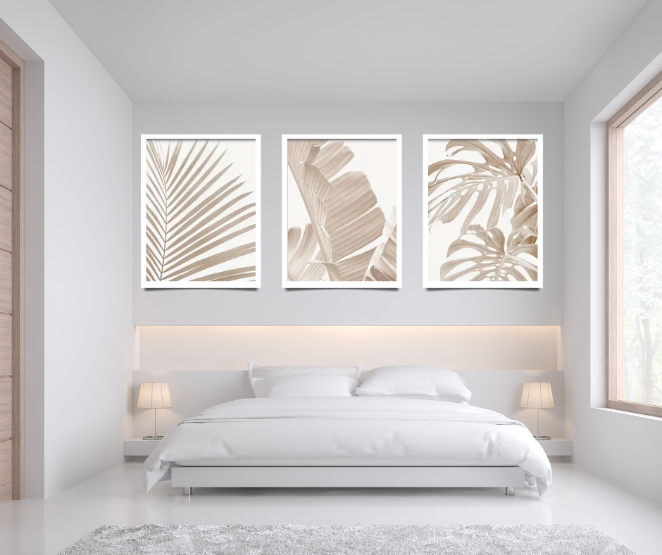 Minimalist palms with Monstera | High quality UV protected framed canvas prints | Beige, white | Set of 3 | 30 cm x 40 cm