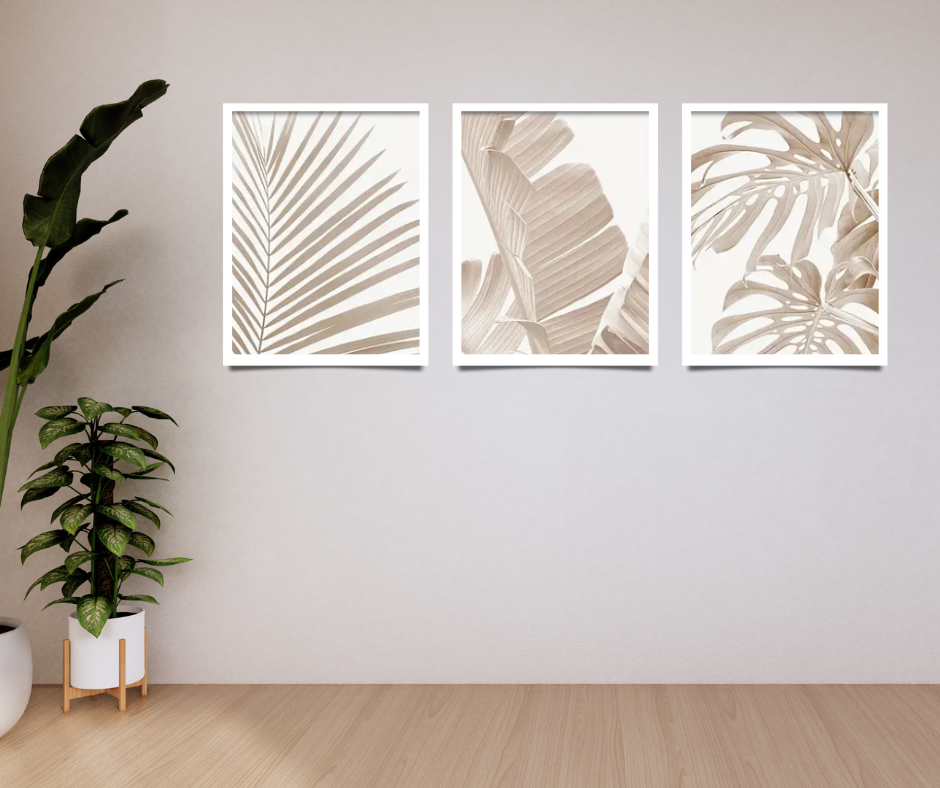 Minimalist palms with Monstera | High quality UV protected framed canvas prints | Beige, white |Set of 3 | 50 cm x 70 cm LGE