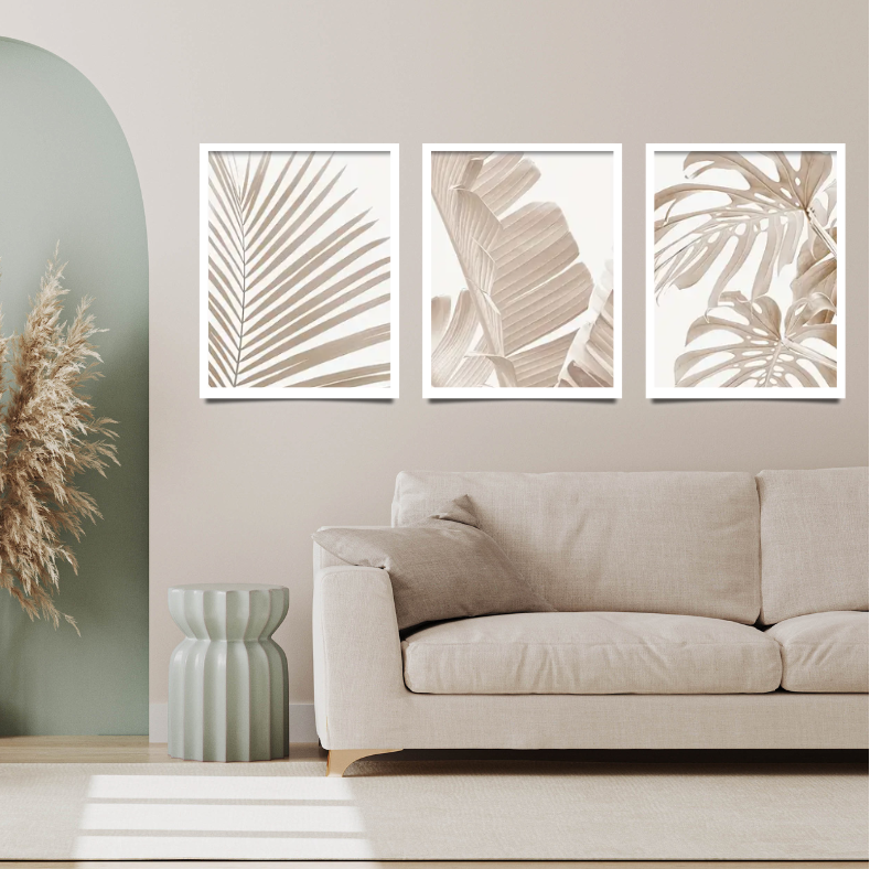 Minimalist palms with Monstera | High quality UV protected framed canvas prints | Beige, white | Set of 3 | 30 cm x 40 cm