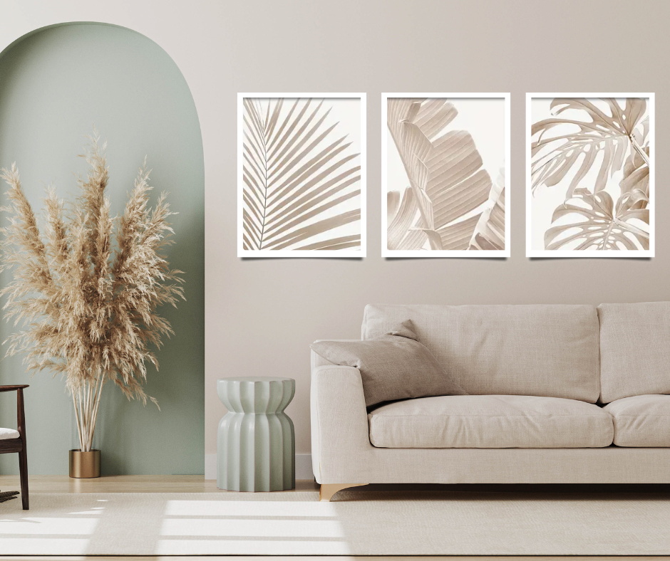 Minimalist palms with Monstera | High quality UV protected framed canvas prints | Beige, white |Set of 3 | 50 cm x 70 cm LGE