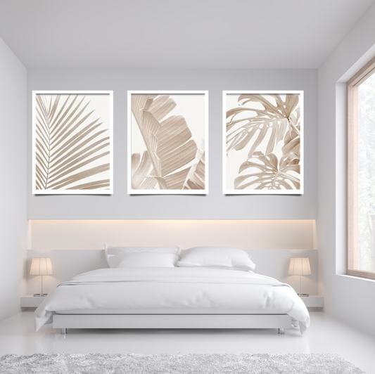 Minimalist palms with Monstera | High quality UV protected framed canvas prints | Beige, white |Set of 3 | 50 cm x 70 cm LGE