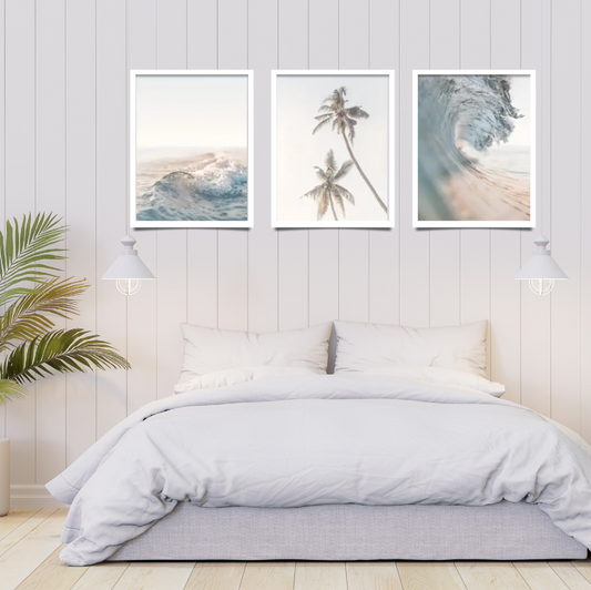 Morning light waves and palms framed canvas | Blue, beige, white | Set of 3 | 30cm x 40cm