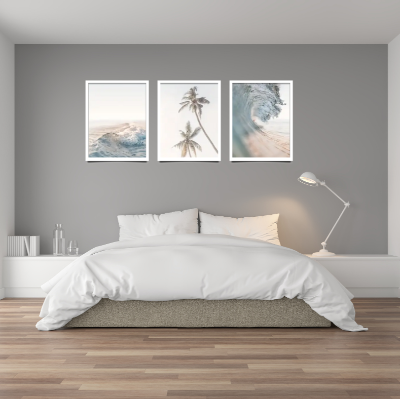 Morning light waves and palms framed canvas | Blue, beige, white | Set of 3 | 30cm x 40cm