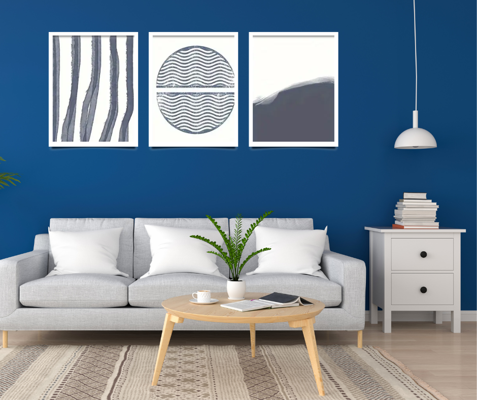 Boho coastal abstract |  High quality UV protected framed canvas print | Blue/grey and white | Set of 3 | 30 cm x 40 cm