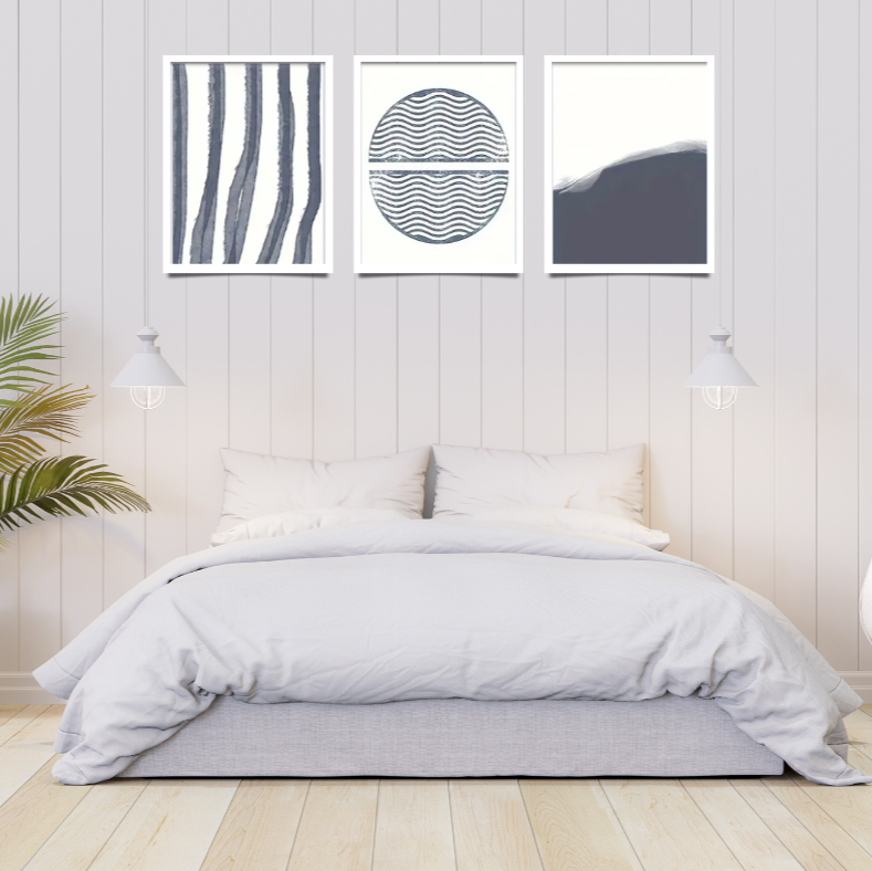 Boho coastal abstract |  High quality UV protected framed canvas print | Blue/grey and white | Set of 3 | 30 cm x 40 cm