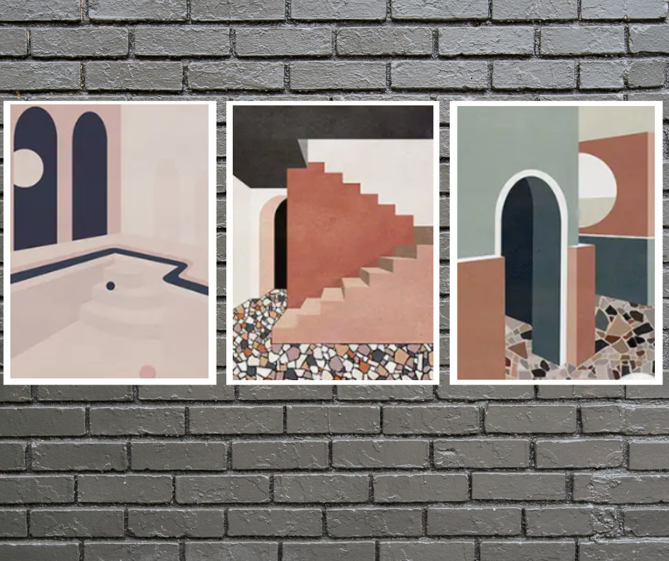 Art deco architecture |  High quality UV protected framed canvas print | Navy, green, tan | Set of 3 | 30 cm x 40 cm
