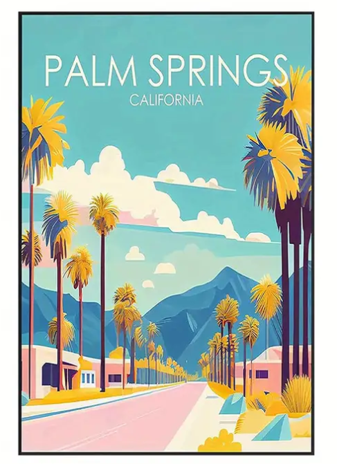 Palm Springs vintage poster high quality UV protected framed canvas print | Teal, aqua, pink, white | Style C | 30 cm x 40 cm