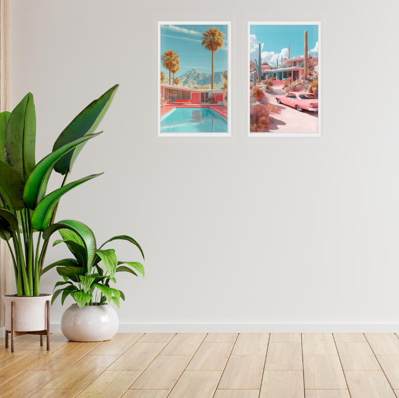 Palm Springs mid-century bungalow high quality framed canvas prints | Pink, beige, green | Set of 2 | 30 cm x 40 cm