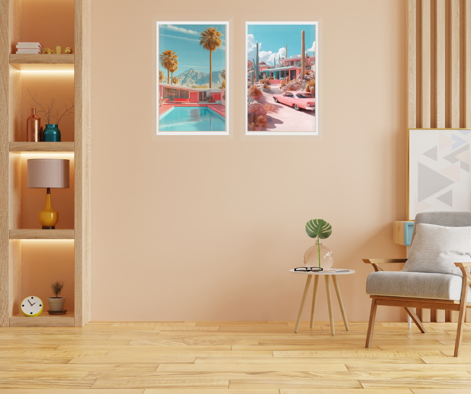 Palm Springs mid-century bungalow high quality framed canvas prints | Pink, beige, green | Set of 2 | 30 cm x 40 cm