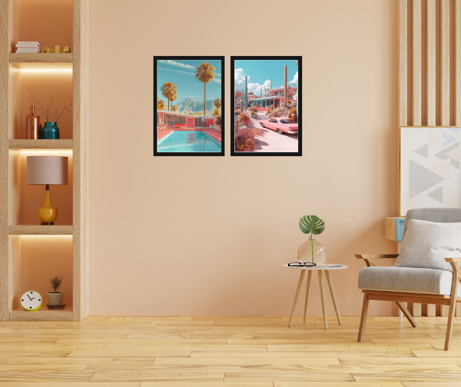 Palm Springs mid-century bungalow high quality framed canvas prints | Pink, beige, green | Set of 2 | 30 cm x 40 cm