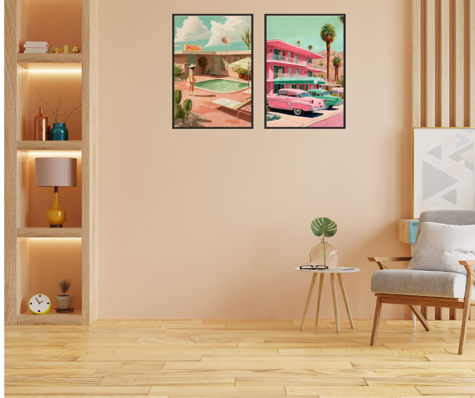 Palm Springs stylised motel high quality framed canvas prints | Pink, beige, green | Set of 2 | 30 cm x 40 cm