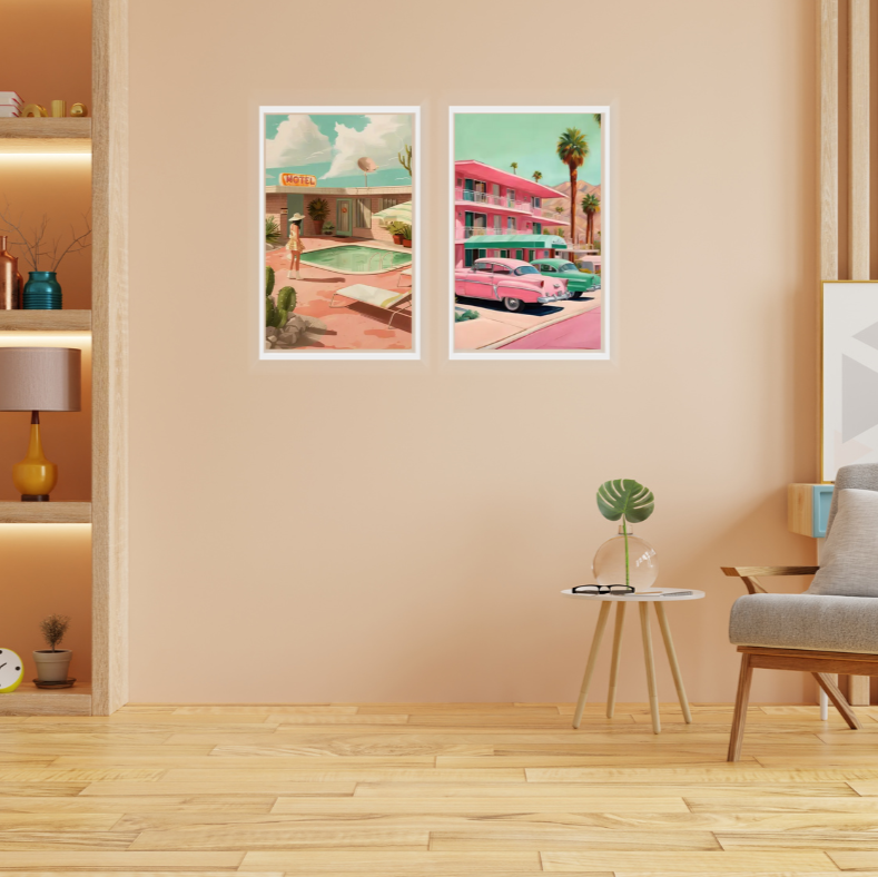 Palm Springs stylised motel high quality framed canvas prints | Pink, beige, green | Set of 2 | 30 cm x 40 cm