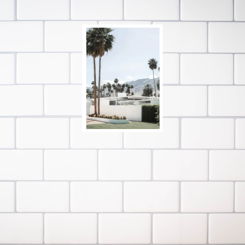 Palm Springs 'Beyond the Palms' mid-century high quality UV protected framed canvas | White, blue, beige, green | 30 cm x 40 cm