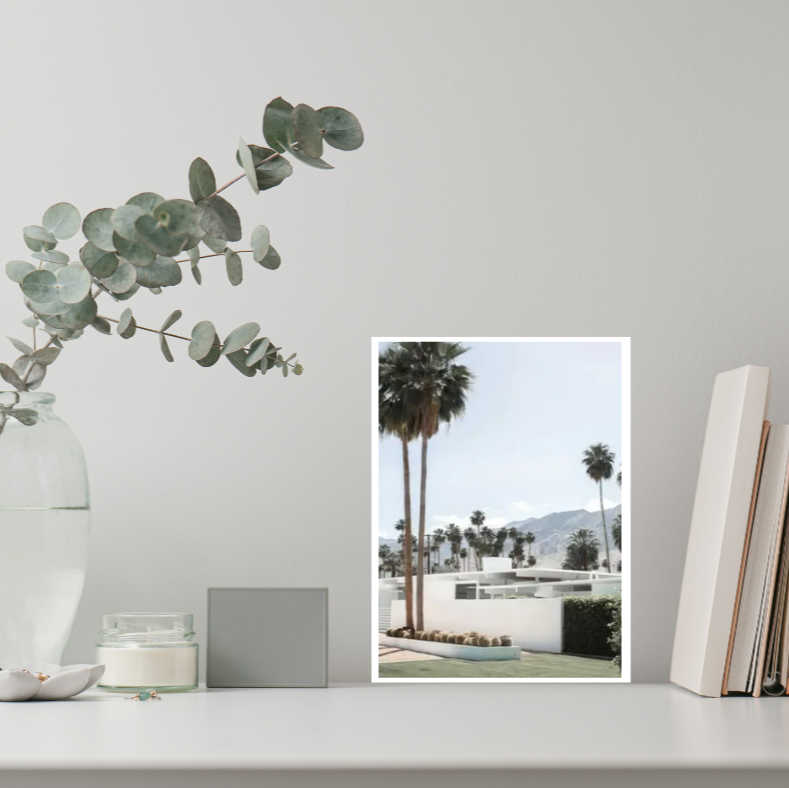 Palm Springs 'Beyond the Palms' mid-century high quality UV protected framed canvas | White, blue, beige, green | 30 cm x 40 cm
