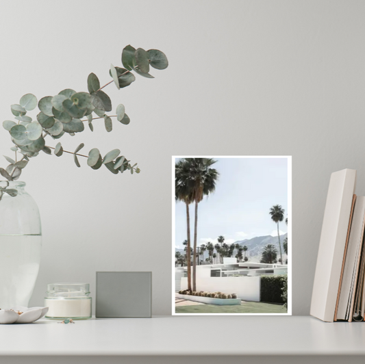 Palm Springs 'Beyond the Palms' mid-century high quality UV protected framed canvas | White, blue, beige, green | 30 cm x 40 cm
